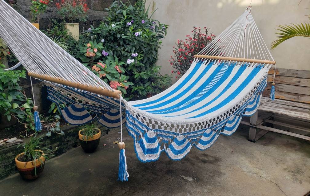 White and Turquoise Hammock - Natural Cotton & Wood | Columpiame
