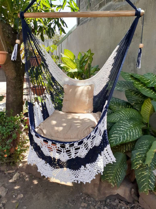 White and Blue Hanging Chair - 100% Natural Cotton | Columpiame