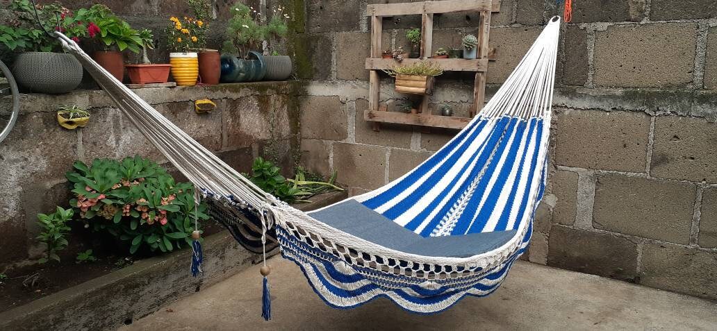 White and Blue Hammock Without Wood - Portable Natural Cotton | Columpiame