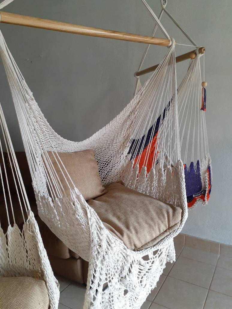 Beige Hanging Chair with Presidential Fringes - Natural Cotton & Wood | Columpiame