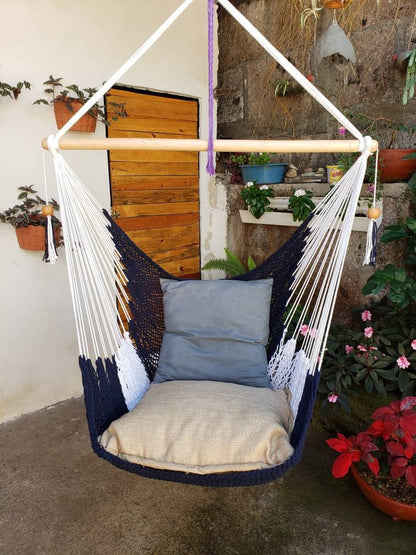 White and Blue Hanging Chair Easy to Transport - Natural Cotton | Columpiame