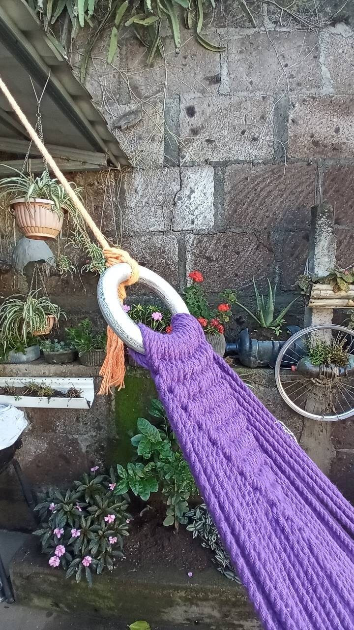 Violet, Orange and White Hammock with Special Fringes Without Wood - Natural Cotton | Columpiame