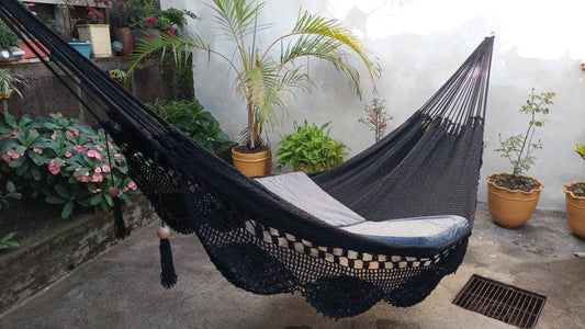 Black Hammock with Special Fringes Without Wood - Natural Cotton | Columpiame