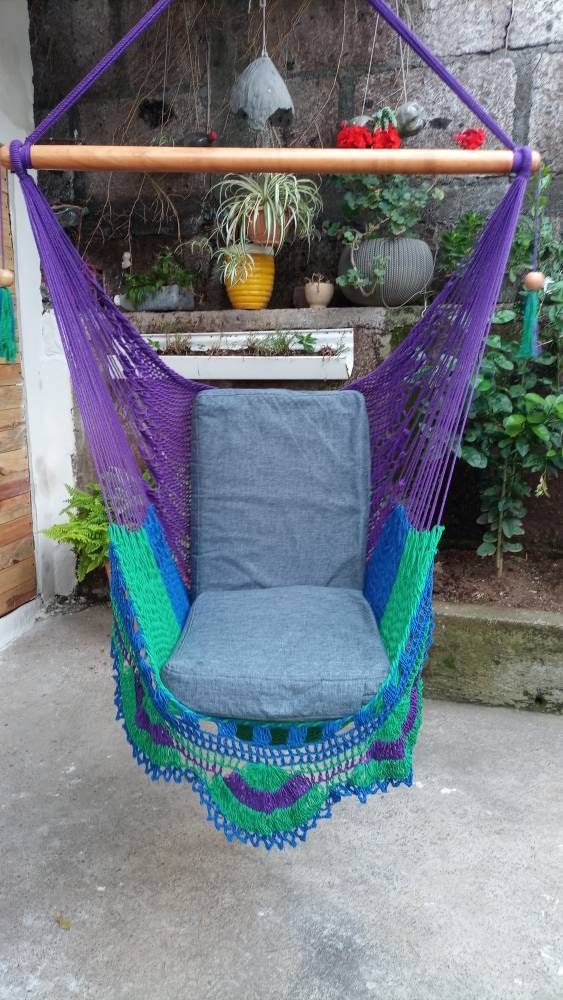 Green, Purple and Blue Hanging Chair - Natural Cotton | Columpiame