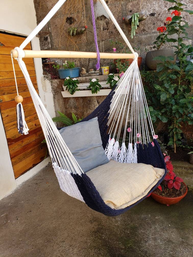 White and Blue Hanging Chair Easy to Transport - Natural Cotton | Columpiame