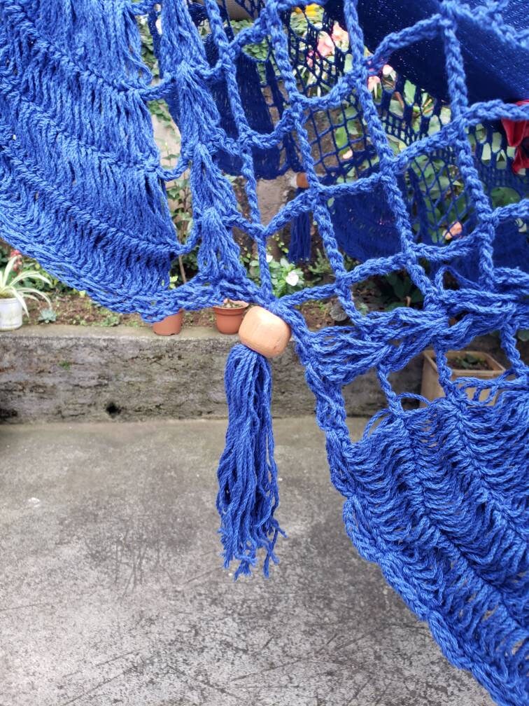 Blue Hammock Without Wood with Special Fringes - Natural Cotton | Columpiame