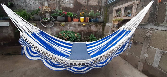 White and Blue Hammock Without Wood - Portable Natural Cotton | Columpiame